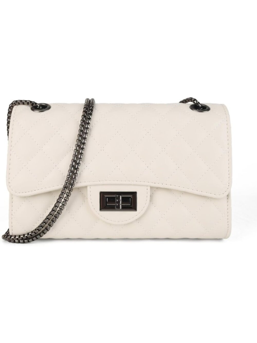 Women's Beige Quilted Crossbody Structured Purse Shoulder Bag Chain Strap